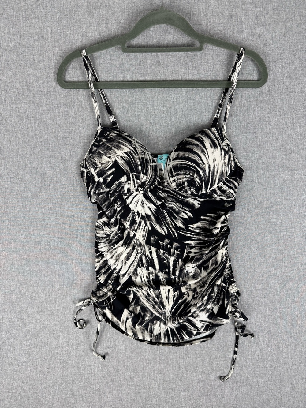 Assets Sara Blakely Black White Palm Tankini Top‎ M Push Up Ruched Swim